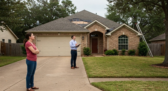 A frustrated homeowner reviewing a denied roof insurance claim with a contractor, highlighting key steps to appeal and negotiate coverage.