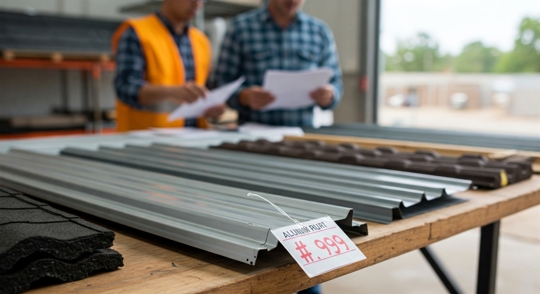Stacks of aluminum roofing panels at a construction site, illustrating the rising costs of metal roofing due to the 2024 U.S. aluminum tariff.