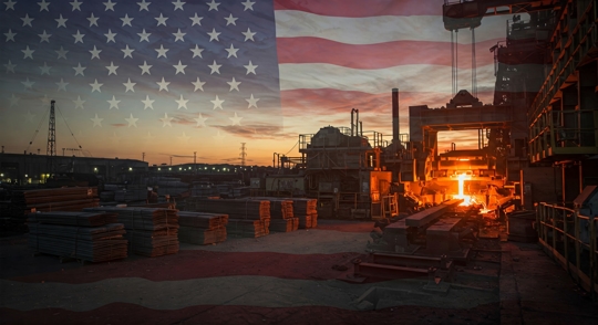 A U.S. steel manufacturing plant with molten steel being processed, overlaid with the American flag, representing the impact of 2025 tariffs on domestic production.