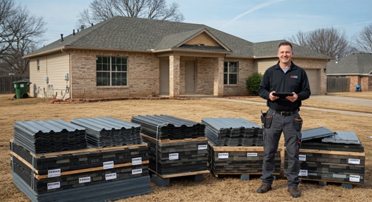 A roofing contractor displays metal, asphalt, and synthetic roofing materials in front of a Tulsa home under construction, representing top roofing options for 2025.