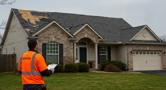 A roofing inspector in a high-visibility vest assesses a home with severe storm damage, missing shingles, and exposed roof decking, highlighting the importance of professional roof inspections and insurance claims.