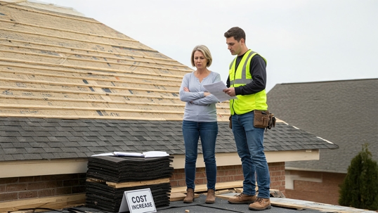 A roofing contractor and homeowner reviewing an insurance claim on-site, with metal roofing materials nearby, discussing rising repair costs due to 2025 tariffs.