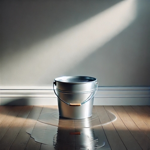 A metal bucket catching water from a roof leak on a wooden floor, symbolizing the need for immediate roof repair in Tulsa homes.