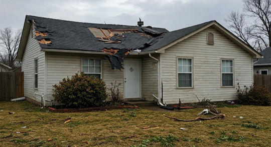 A small home with visible shingle damage, highlighting the importance of RPS Insurance for roof protection and repair coverage.