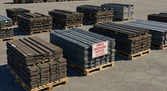 Stacks of roofing materials, including shingles and metal panels, with a 'Price Increase Notice' sign, highlighting rising roofing costs due to 2025 tariffs