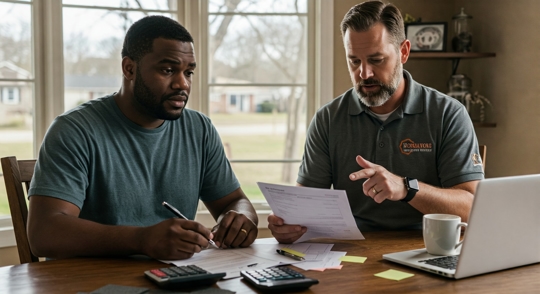 A Tulsa homeowner reviewing a roofing insurance claim with a contractor, learning the truth about common myths that could impact coverage and costs.