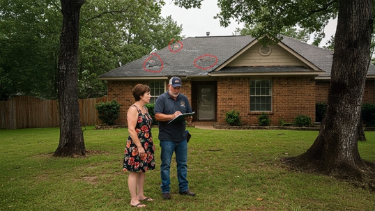 A roofing contractor and homeowner review damage on a Tulsa home after a storm, preparing documentation for a roof insurance claim.