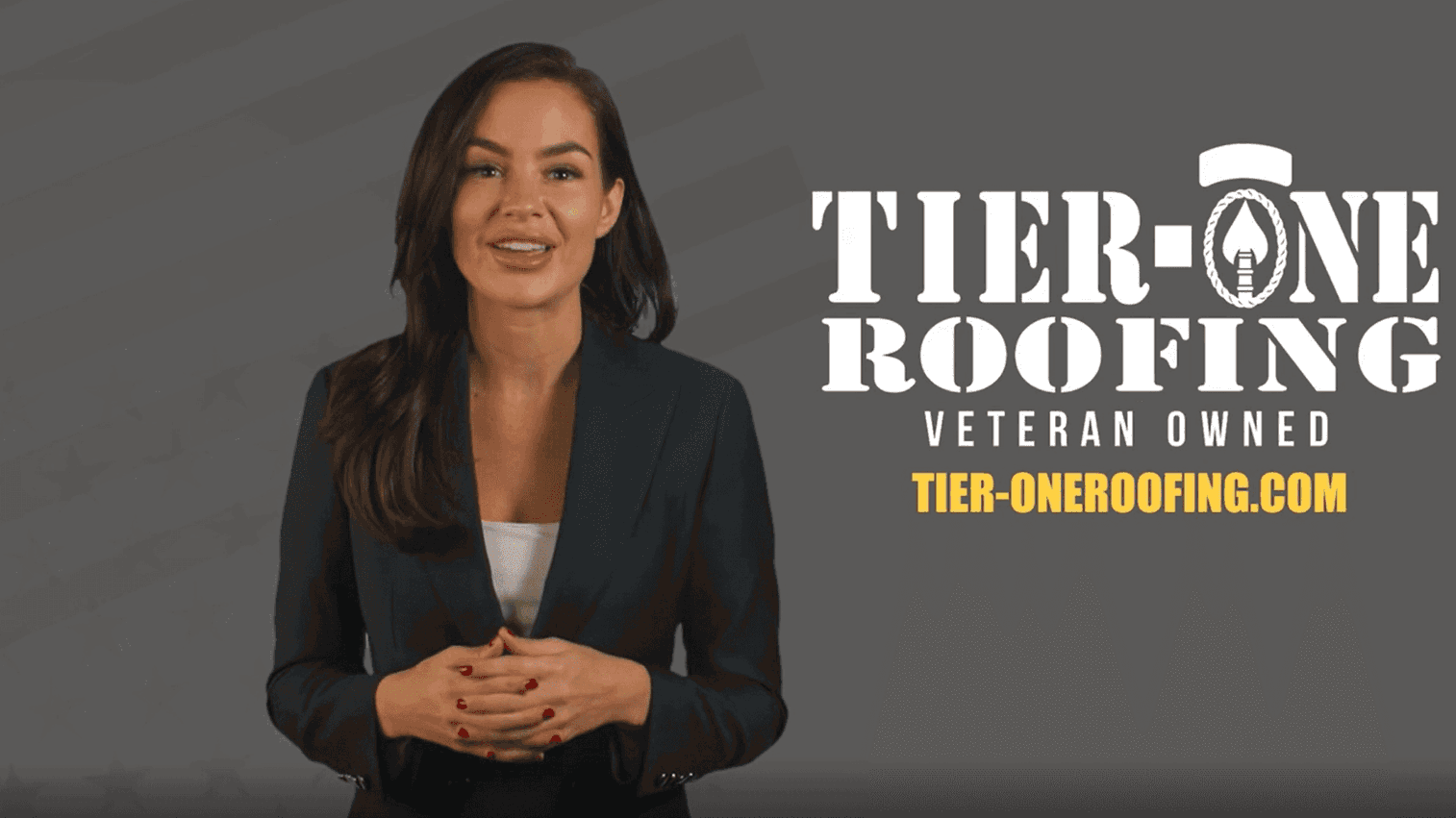 Woman in business clothing with Tier One Roofing logo