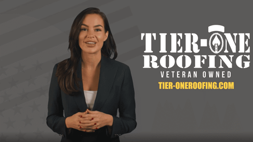 Woman in business clothing with Tier One Roofing logo