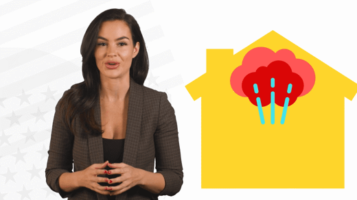 woman in business clothing next to animation of house